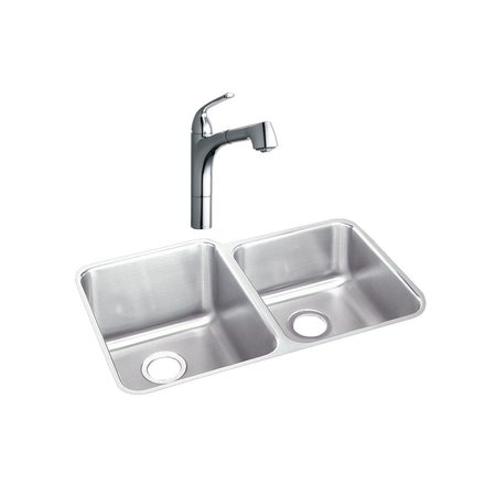 Lustertone Stainless Steel 31-1/4 X 20-1/2 X 9-7/8 Offset Double Bowl Undermount Sink + Faucet Kit -  ELKAY, LKGTPKG2CR